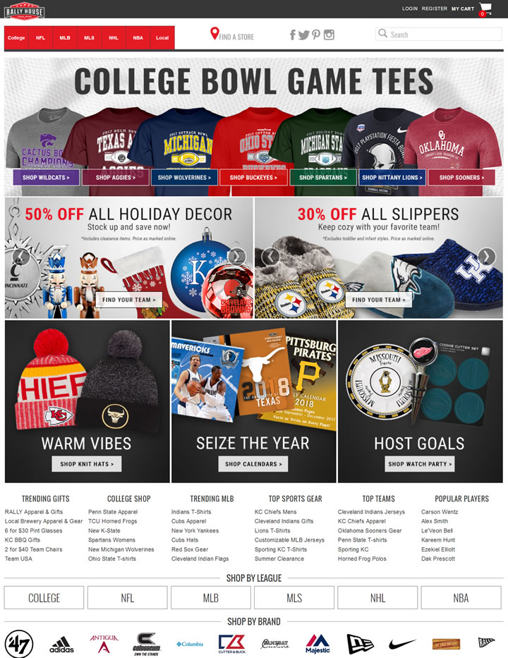 美国体育用品商店：Rally House（NCAA、NFL、MLB、NBA、NHL和MLS）