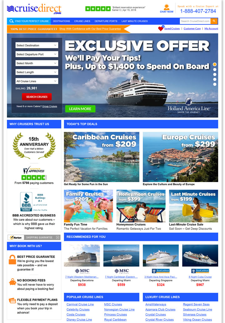 美国领先的在线邮轮旅游公司：CruiseDirect