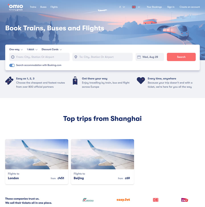 Omio英国：搜索并比较便宜的巴士、火车和飞机