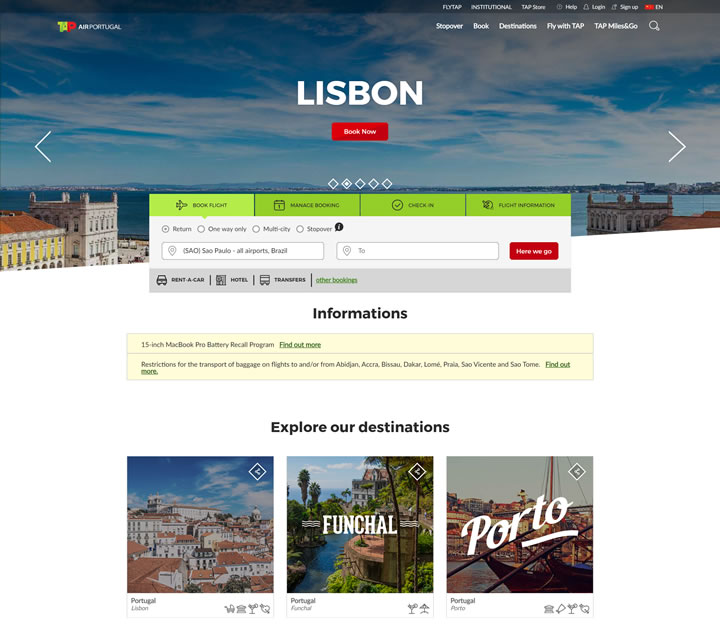 葡萄牙航空官方网站：TAP Air Portugal